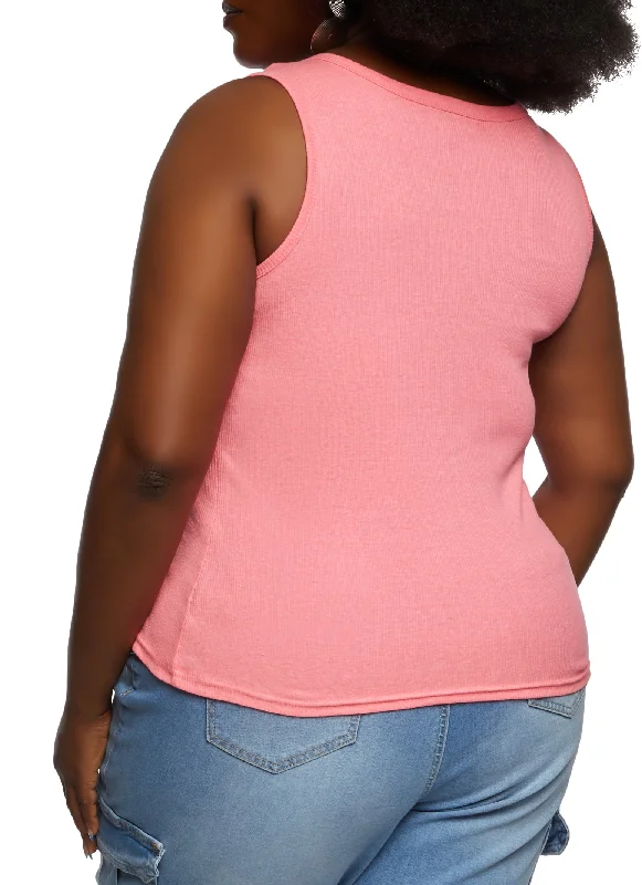 Plus Size Snap Button Notch Neck Tank Top