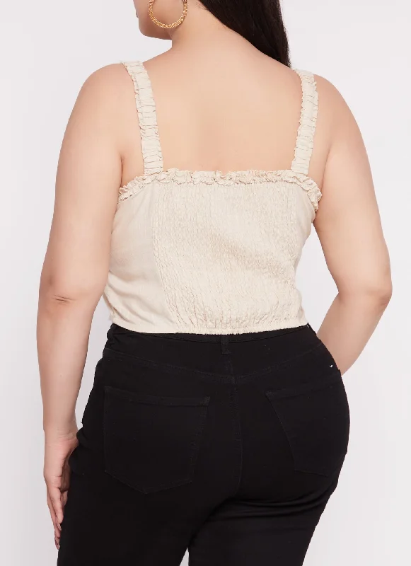 Plus Size Ruffled Trim Button Front Smocked Cami