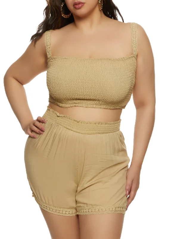 Plus Size Eyelet Trim Smocked Tank Top