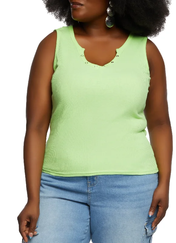 Plus Size Snap Button Notch Neck Tank Top