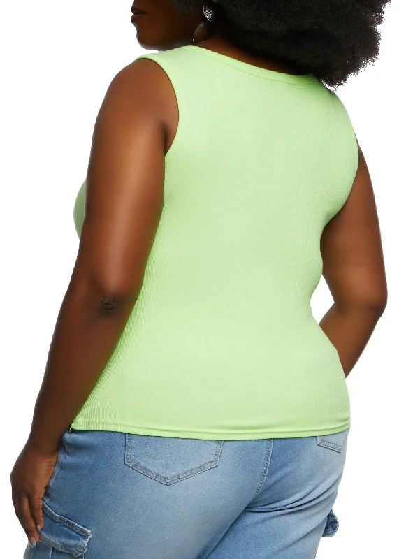 Plus Size Snap Button Notch Neck Tank Top