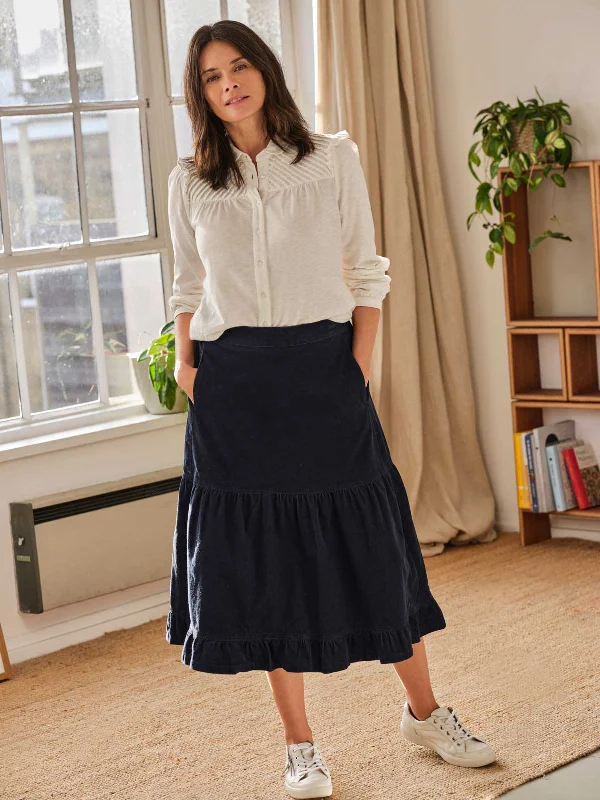 Milou Organic Cotton Corduroy Tiered Midi Skirt - Navy