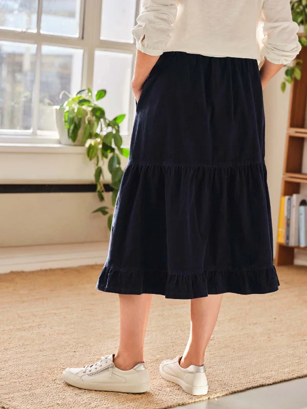 Milou Organic Cotton Corduroy Tiered Midi Skirt - Navy