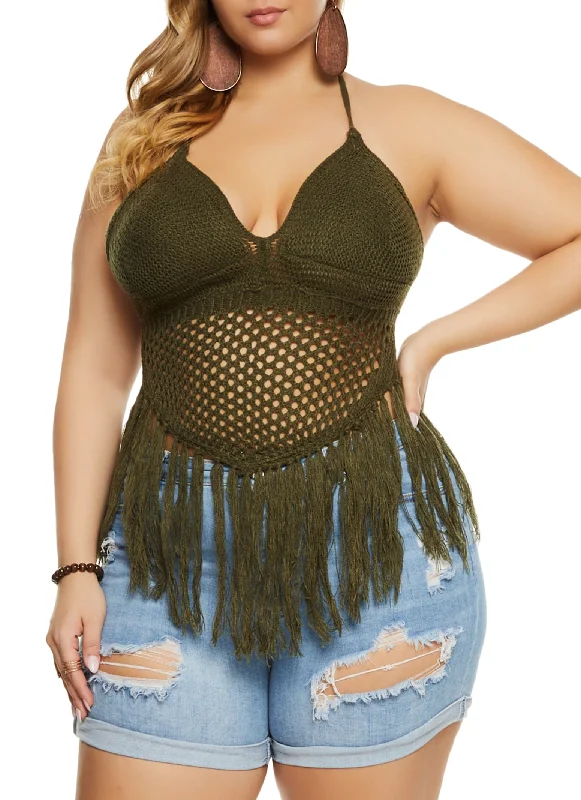 Plus Size Crochet Fringe Halter Top