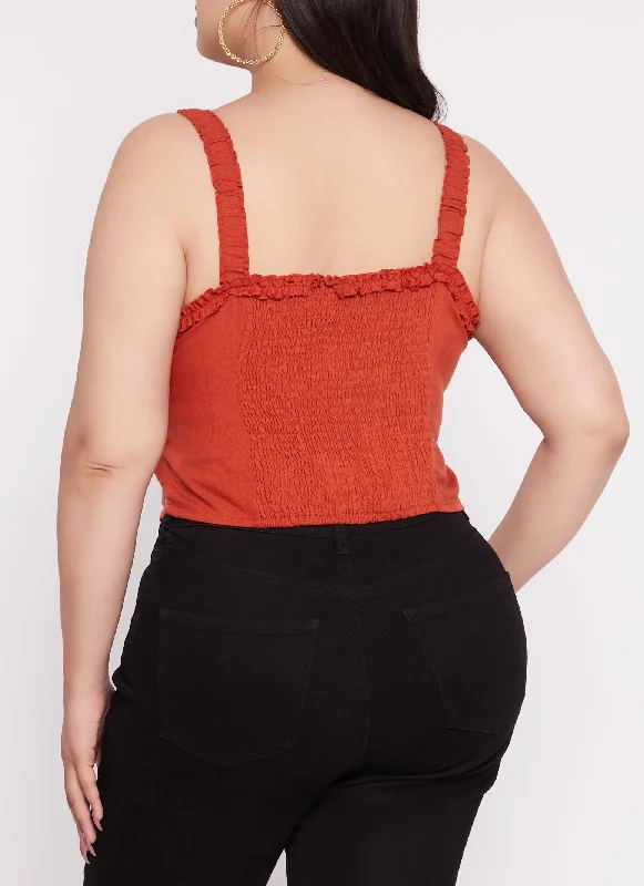 Plus Size Ruffled Trim Button Front Smocked Cami