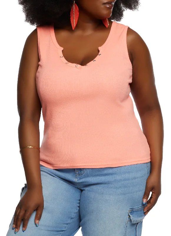 Plus Size Snap Button Notch Neck Tank Top