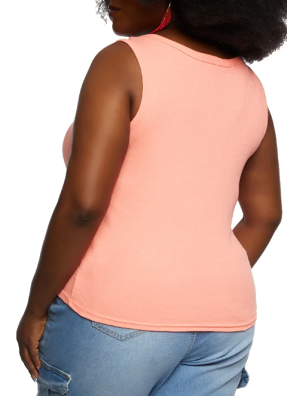 Plus Size Snap Button Notch Neck Tank Top