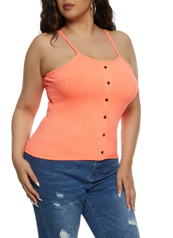 Plus Size Ribbed Faux Button Front Cami