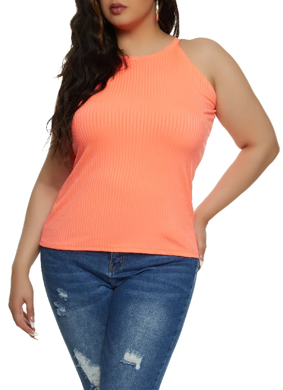 Plus Size Ribbed High Neck Tank Top