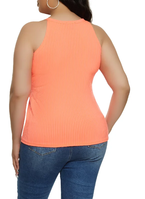 Plus Size Ribbed High Neck Tank Top