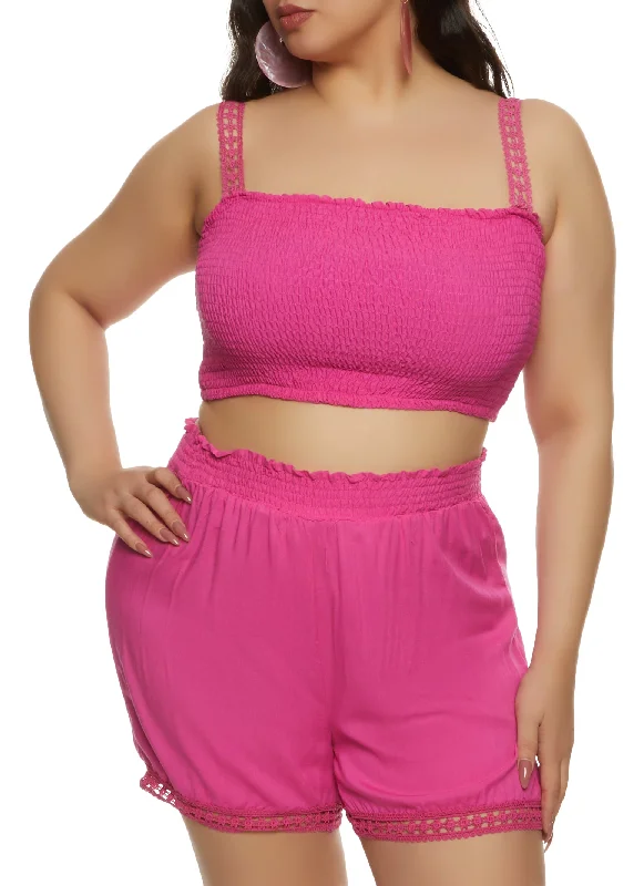 Plus Size Eyelet Trim Smocked Tank Top