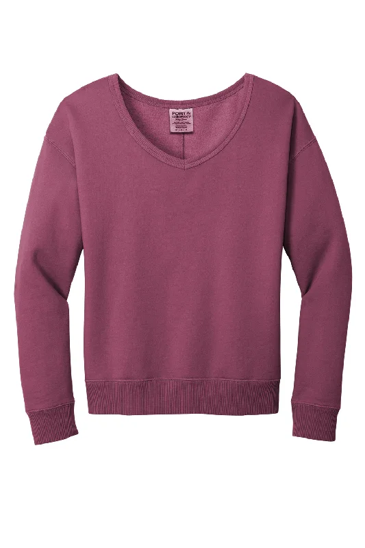 Port & Company Womens Beach Wash Garment Dyed V-Neck Sweatshirt - Vintage Raspberry