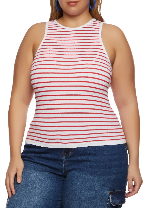 Plus Size Rib Knit Stripe Tank Top