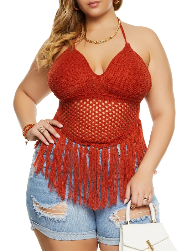 Plus Size Crochet Fringe Halter Top