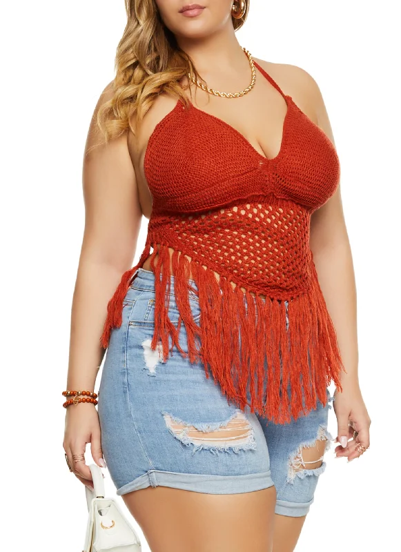 Plus Size Crochet Fringe Halter Top