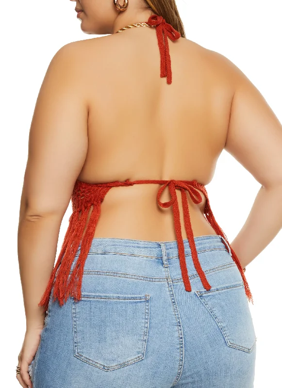 Plus Size Crochet Fringe Halter Top