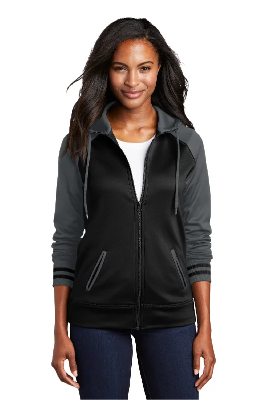 Sport-Tek Womens Sport-Wick Moisture Wicking Fleece Hooded Sweatshirt Hoodie - Black/Dark Smoke Grey