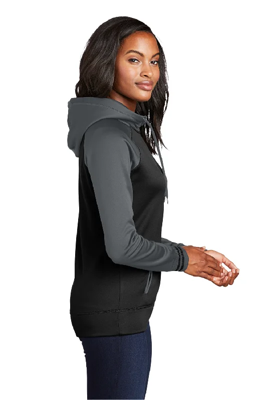 Sport-Tek Womens Sport-Wick Moisture Wicking Fleece Hooded Sweatshirt Hoodie - Black/Dark Smoke Grey