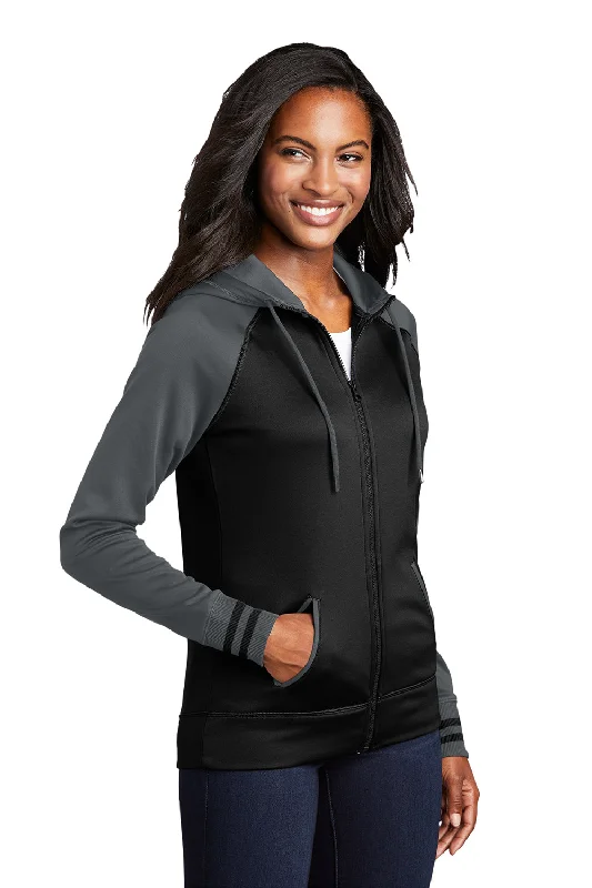 Sport-Tek Womens Sport-Wick Moisture Wicking Fleece Hooded Sweatshirt Hoodie - Black/Dark Smoke Grey