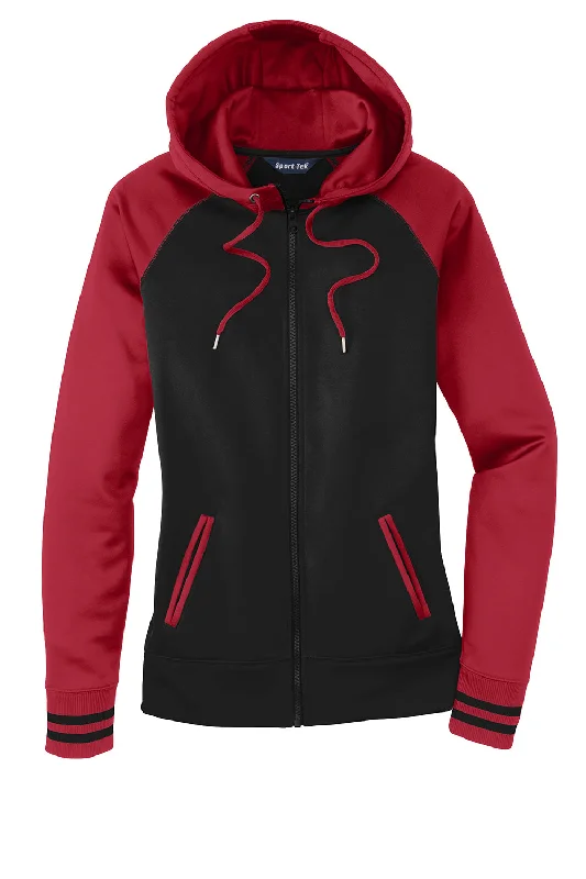 Sport-Tek Womens Sport-Wick Moisture Wicking Fleece Hooded Sweatshirt Hoodie - Black/Deep Red