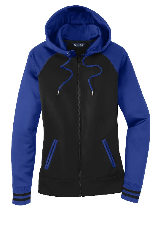 Sport-Tek Womens Sport-Wick Moisture Wicking Fleece Hooded Sweatshirt Hoodie - Black/True Royal Blue