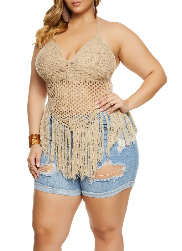 Plus Size Crochet Fringe Halter Top