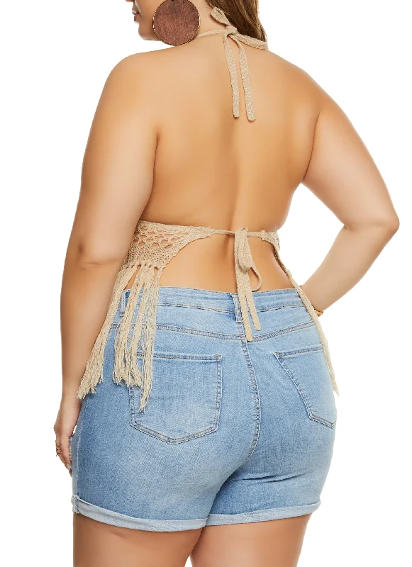 Plus Size Crochet Fringe Halter Top