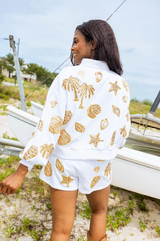 White & Gold Shell Henley Sweatshirt