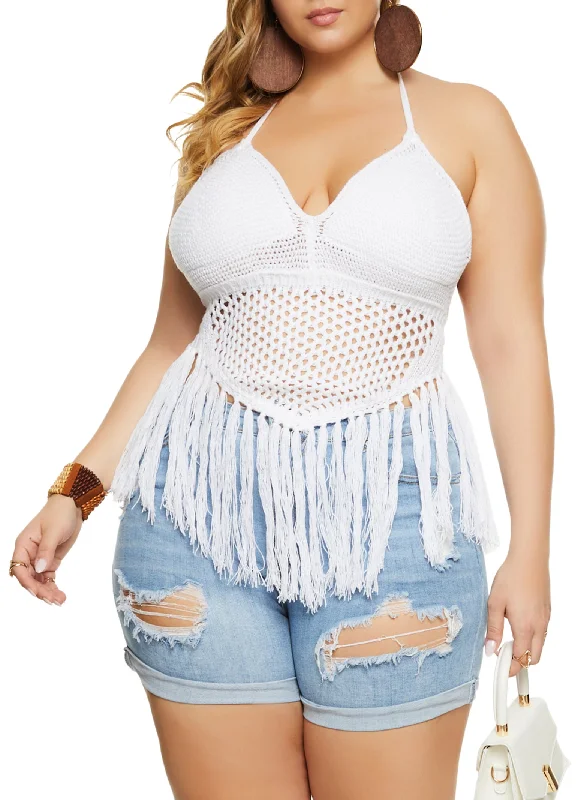 Plus Size Crochet Fringe Halter Top