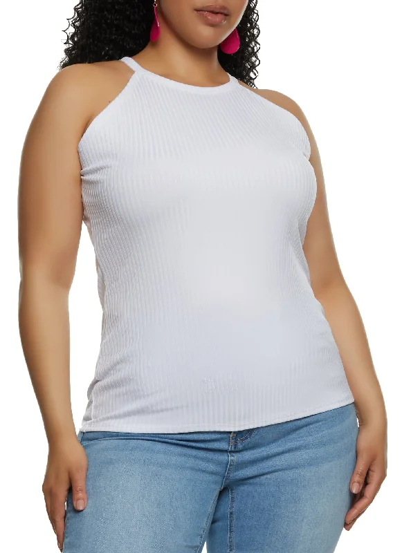 Plus Size Ribbed High Neck Tank Top