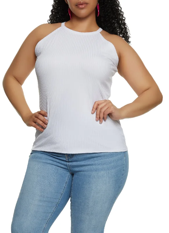 Plus Size Ribbed High Neck Tank Top