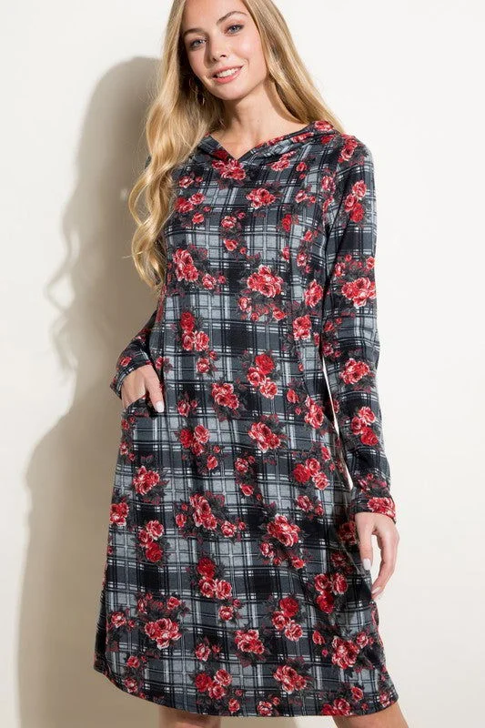 Floral And Plaid Print Sweatshirt Mini Dress