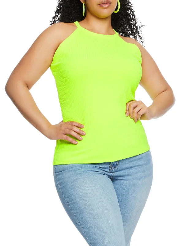 Plus Size Ribbed High Neck Tank Top