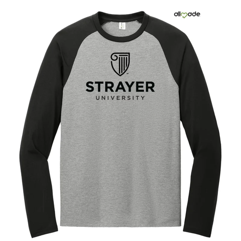 NEW STRAYER Allmade® Unisex Tri-Blend Long Sleeve Colorblock Raglan - Deep Black/ Aluminum Grey