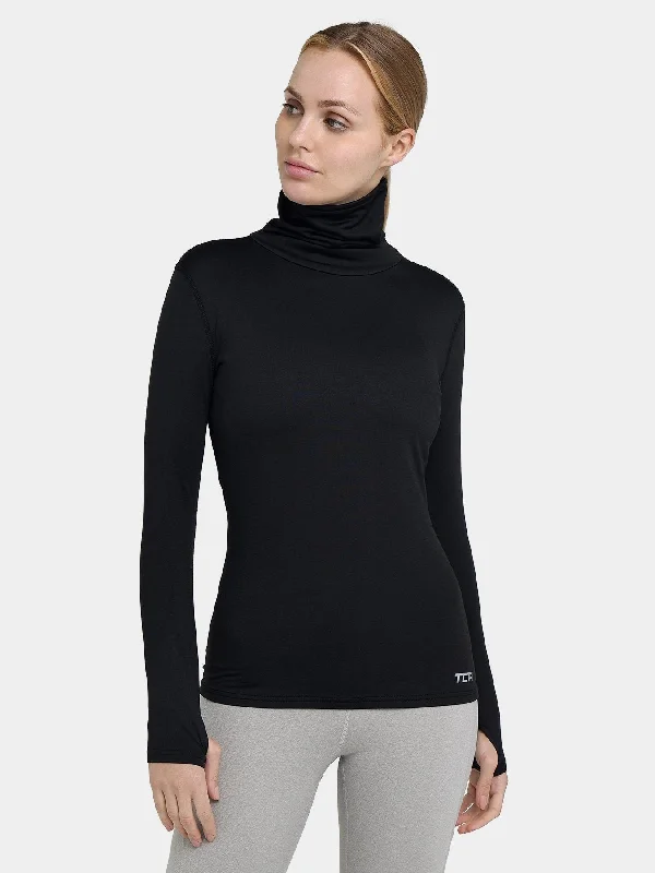 Warm-Up Thermal Long Sleeve Funnel Neck Top For Women With Brushed Inner Fabric, Thumbholes & Reflective Strips