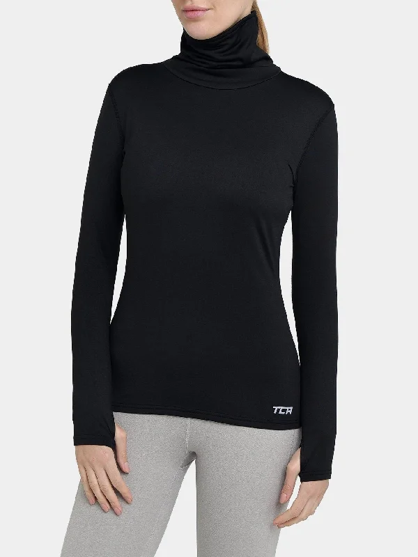 Warm-Up Thermal Long Sleeve Funnel Neck Top For Women With Brushed Inner Fabric, Thumbholes & Reflective Strips