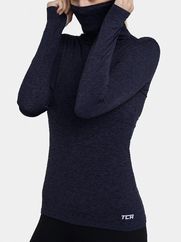 Warm-Up Thermal Long Sleeve Funnel Neck Top For Women With Brushed Inner Fabric, Thumbholes & Reflective Strips