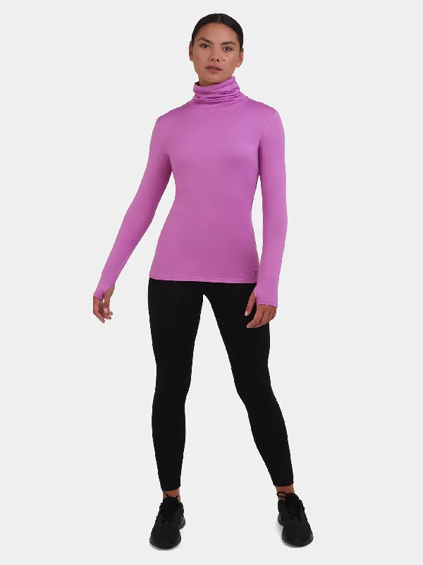 Warm-Up Thermal Long Sleeve Funnel Neck Top For Women With Brushed Inner Fabric, Thumbholes & Reflective Strips