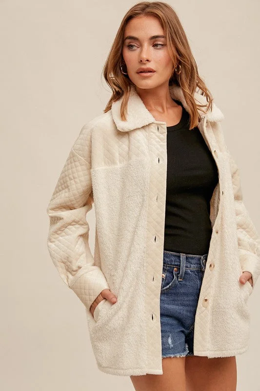 Waitlist 9/28 ♥ Alina Long Sleeve Button Down Quilted Sherpa Shacket Cream