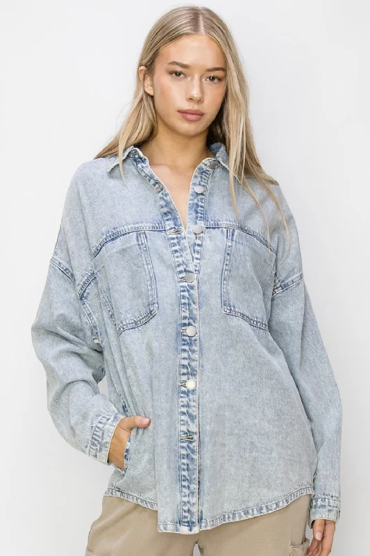 Blue Button Up Front Long Sleeve Shacket