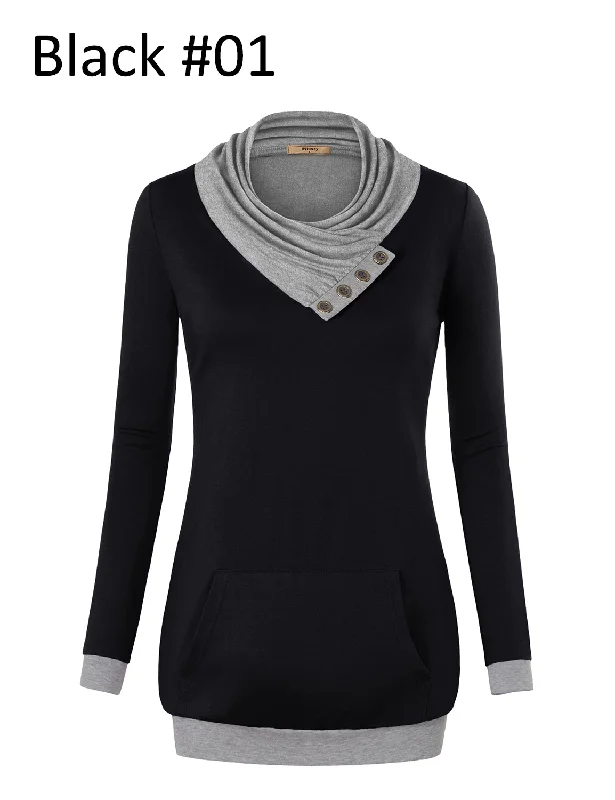 Long Sleeve Cowl Neck Color Block Pocket Tunic Sweatshirts