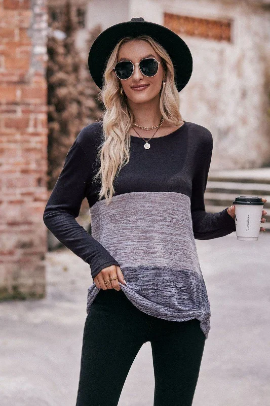 WOMEN COLOR BLOCKED ROUND NECK LONG SLEEVED TOP