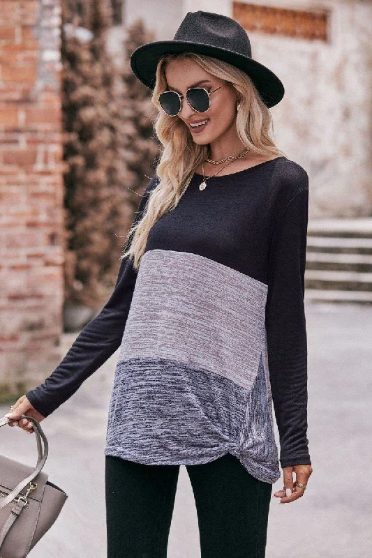 WOMEN COLOR BLOCKED ROUND NECK LONG SLEEVED TOP