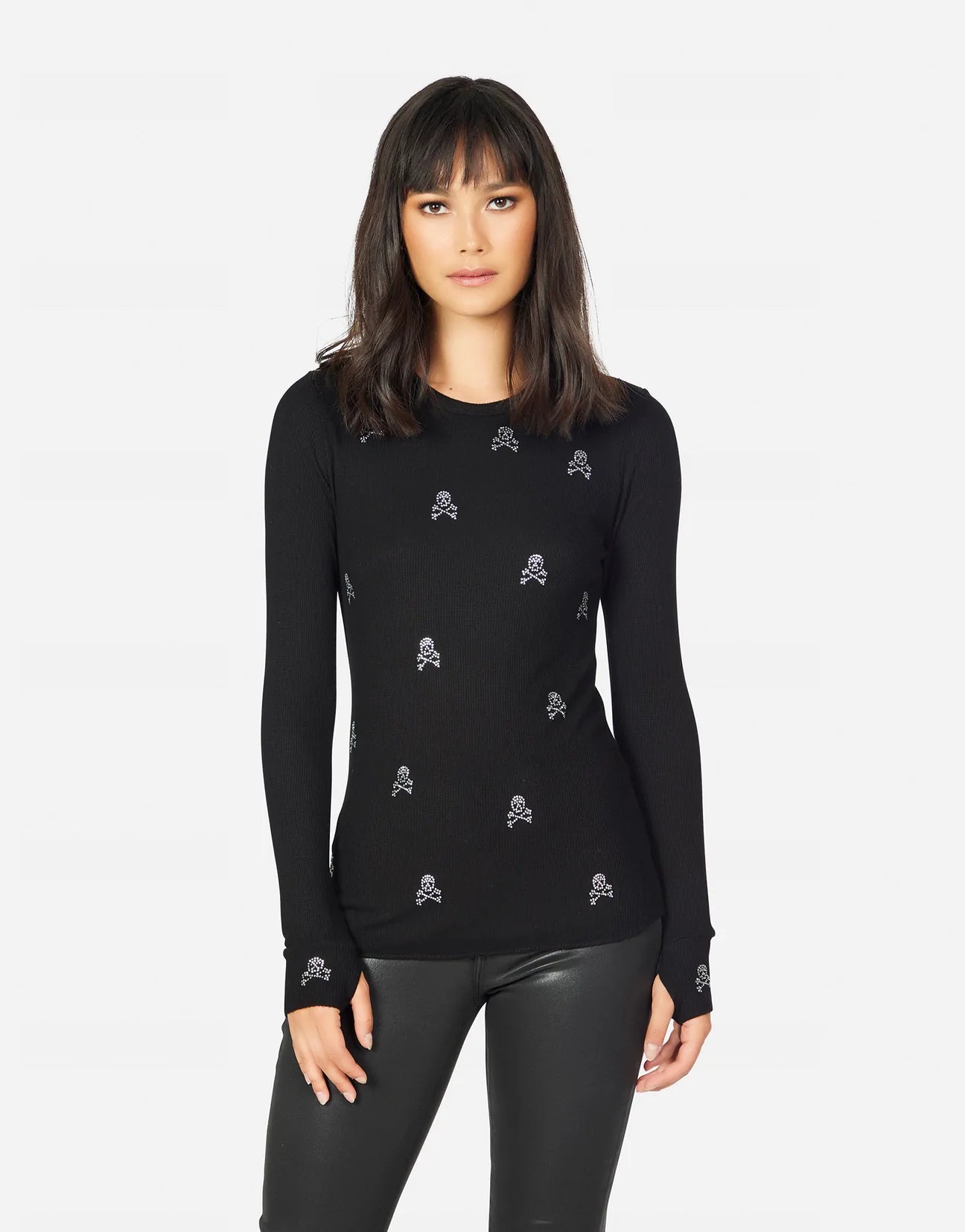 Lauren Moshi McKinely Mini Crystal Cross Bone Skulls Long Sleeved Top