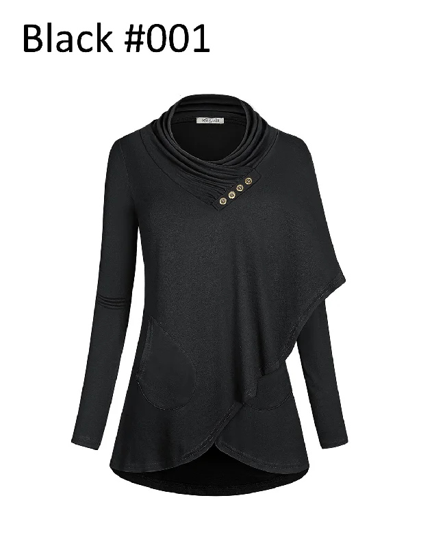 Long Sleeve Cowl Neck Asymmetric Casual Tunic with Pocket