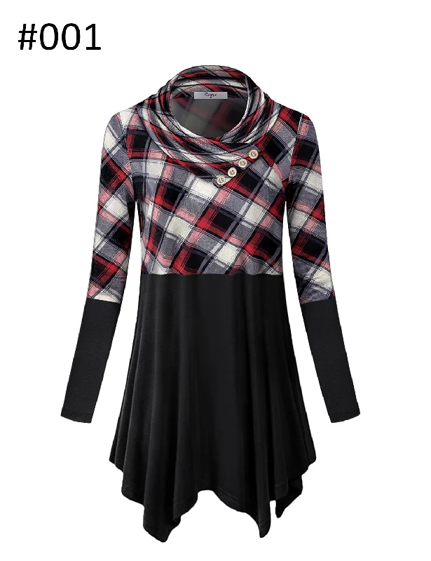 Long Sleeve Cowl Neck Color Block Plaid Tunic Top