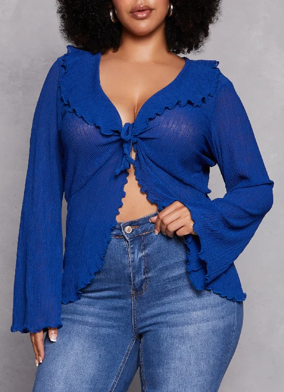 Plus Size Ruffle Trim Tie Front Long Sleeve Top