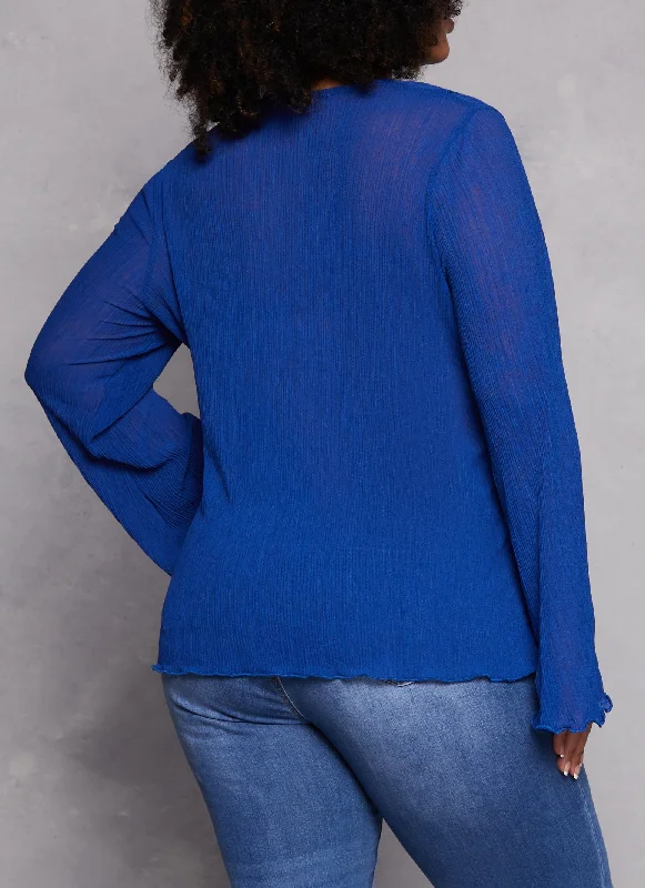 Plus Size Ruffle Trim Tie Front Long Sleeve Top