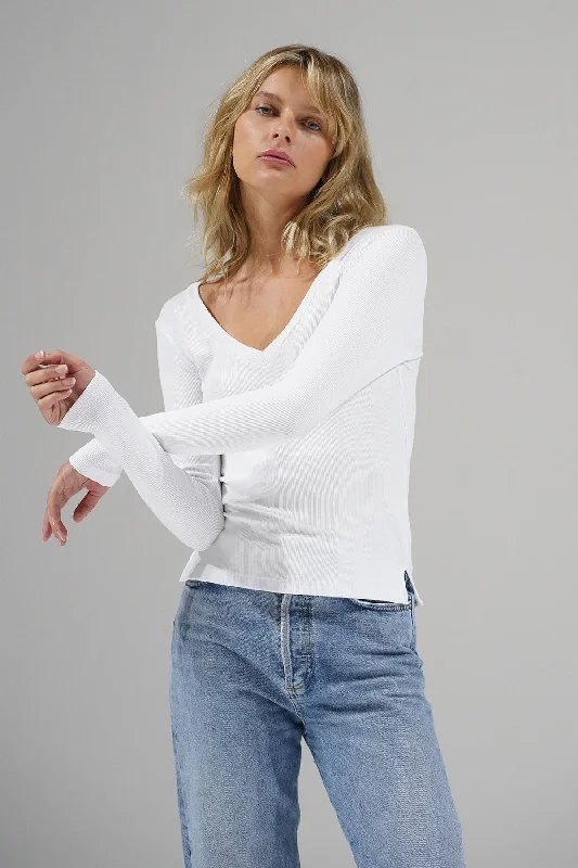 V Ribbed Long Sleeve - White