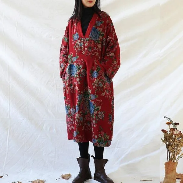 Women Vintage Red Print Floral Parkas V-Neck Long Sleeve  Warm Parkas